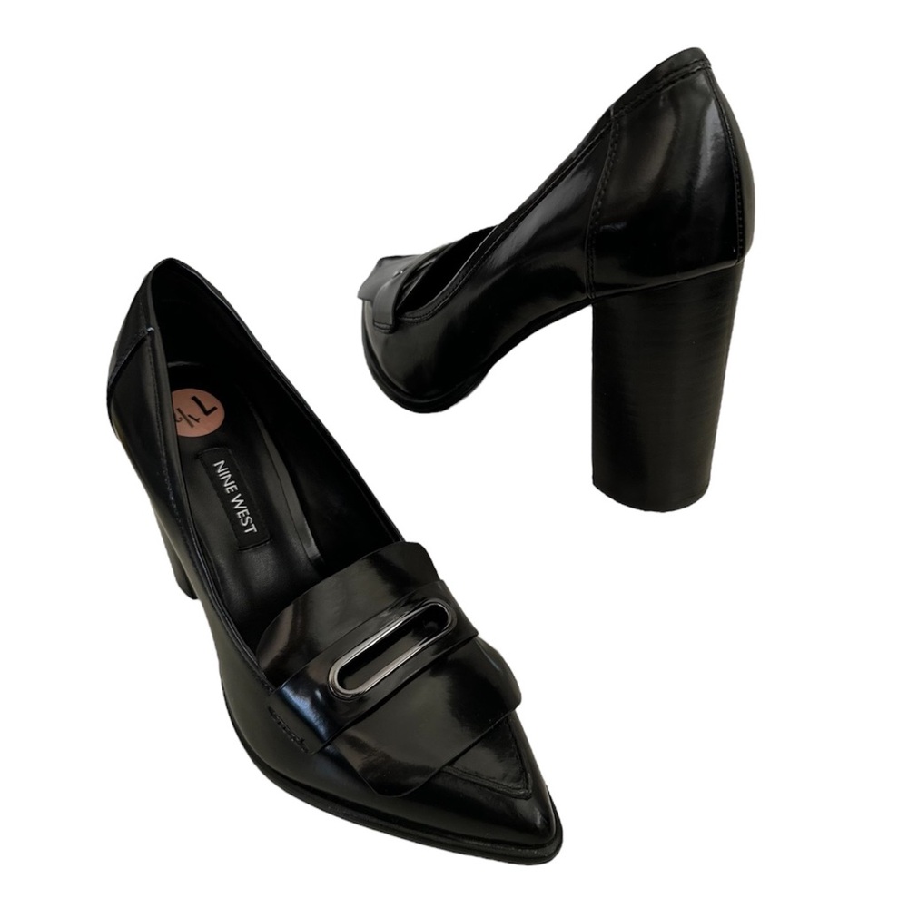 Y2K Office Siren Pointed Toe Chunky Block Heeled Loafers Nine West Black 7.5